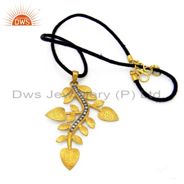 18k yellow gold plated sterling silver cz textured leaf design pendant necklace