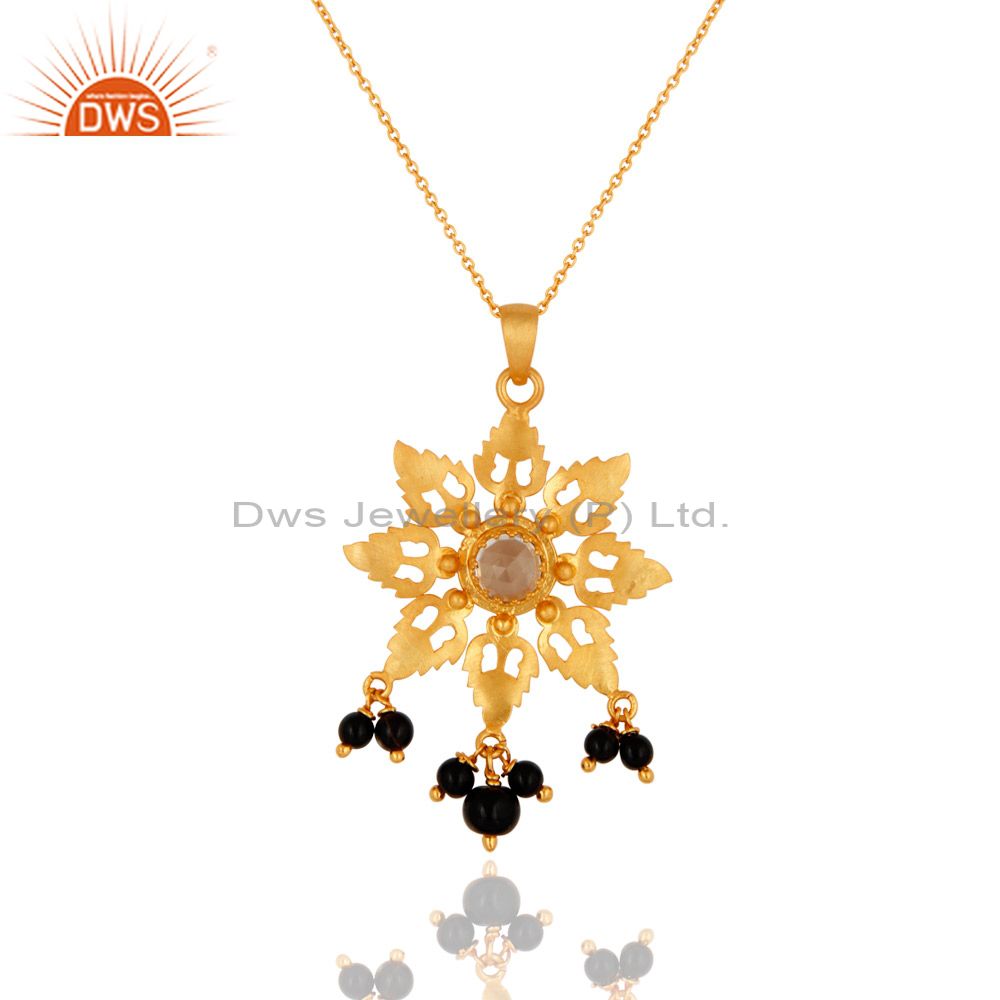 Natural crystal quartz & black onyx beads sterling silver filigree design pendant