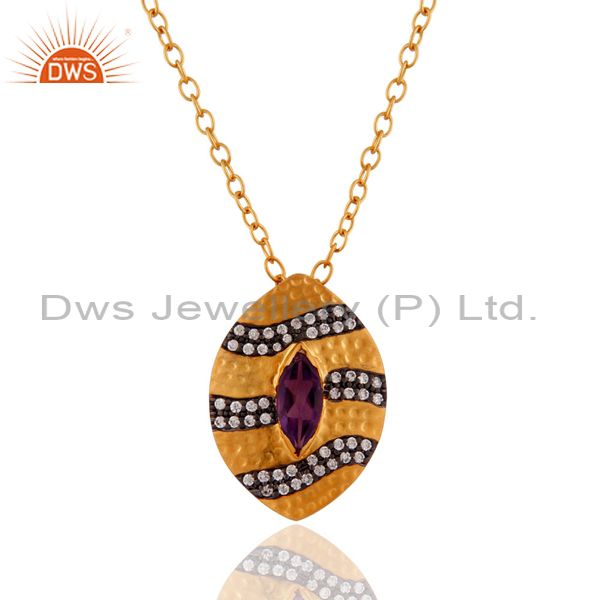 18k yellow gold plated amethyst & cubic zirconia designer pendant with 16"chain