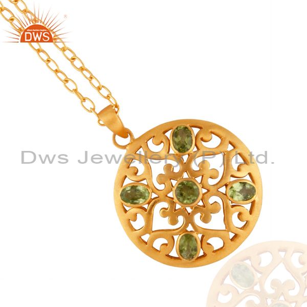 Genuine natural oval shape peridot 18k gold plated filigree design pendant with
