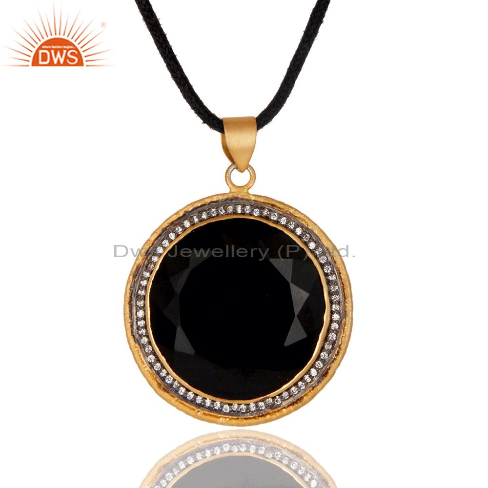 18k yellow gold plated sterling silver black onyx and cz fashion pendant necklace