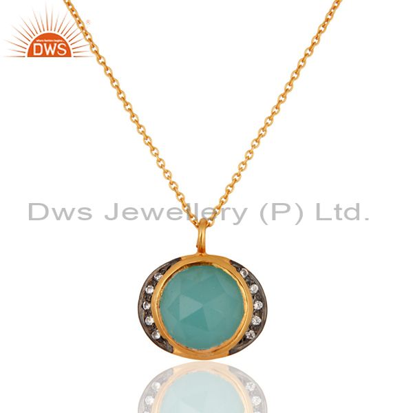 925 sterling silver aqua gemstone gold plated cz fashion pendant necklace