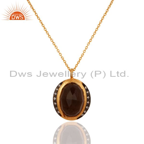 Designer 18k gold plated 925 sterling silver smoky quartz gemstone pendant