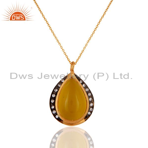 Natural yellow moonstone 925 sterling silver gold plated pendant with chain