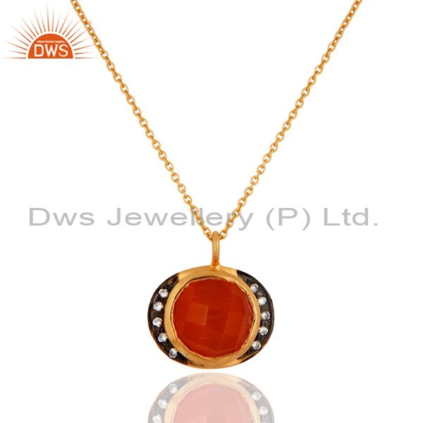 Gold plated sterling silver red onyx & cubic zirconia pendant necklace gift jewelry