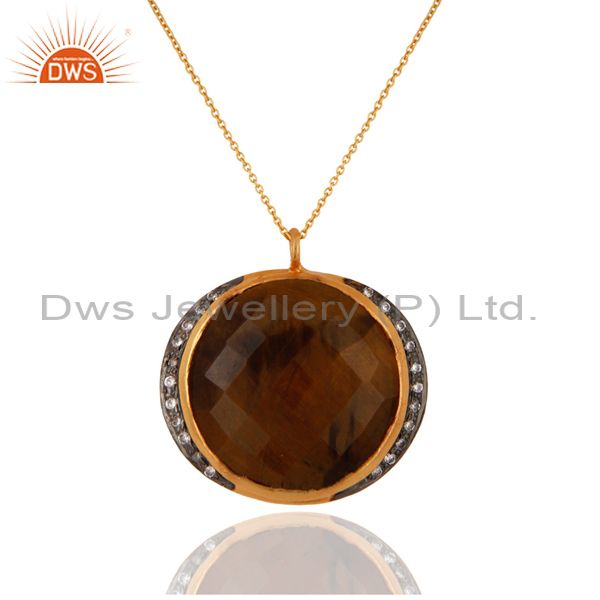 Natural tiger eye gemstone gold plated sterling silver 925 pendant with chain