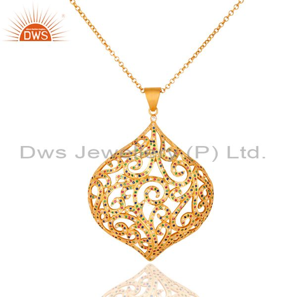 Gold plated sterling silver multicolor cubic zirconia designer pendant necklace