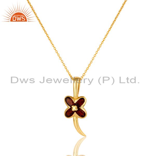 14k yellow gold plated sterling silver garnet gemstone flower pendant with chain