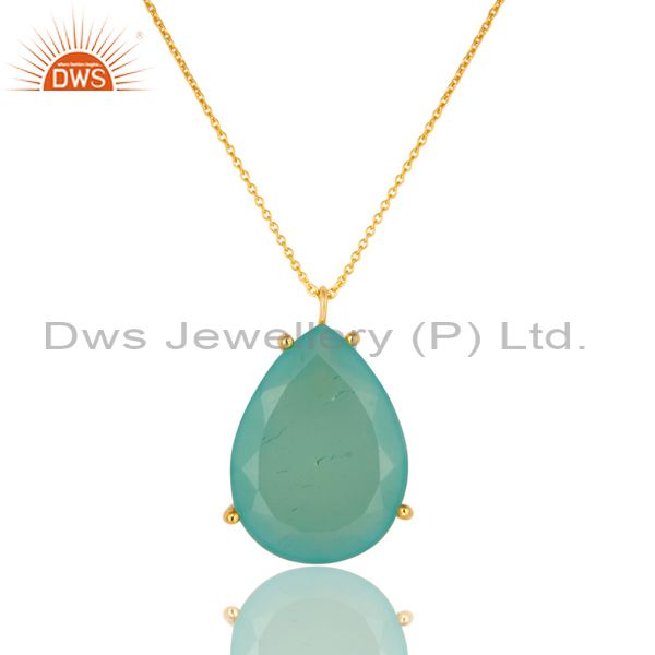 14k yellow gold plated sterling silver aqua chalcedony glass pendant with chain