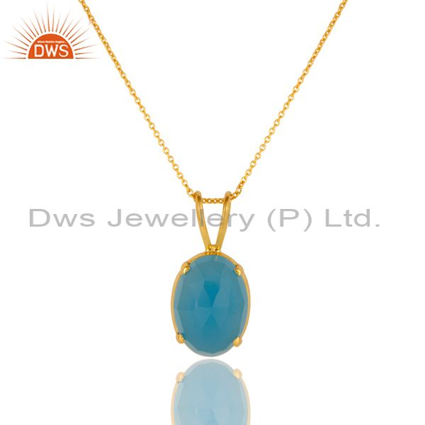 14k yellow gold plated sterling silver aqua blue chalcedony pendant with chain