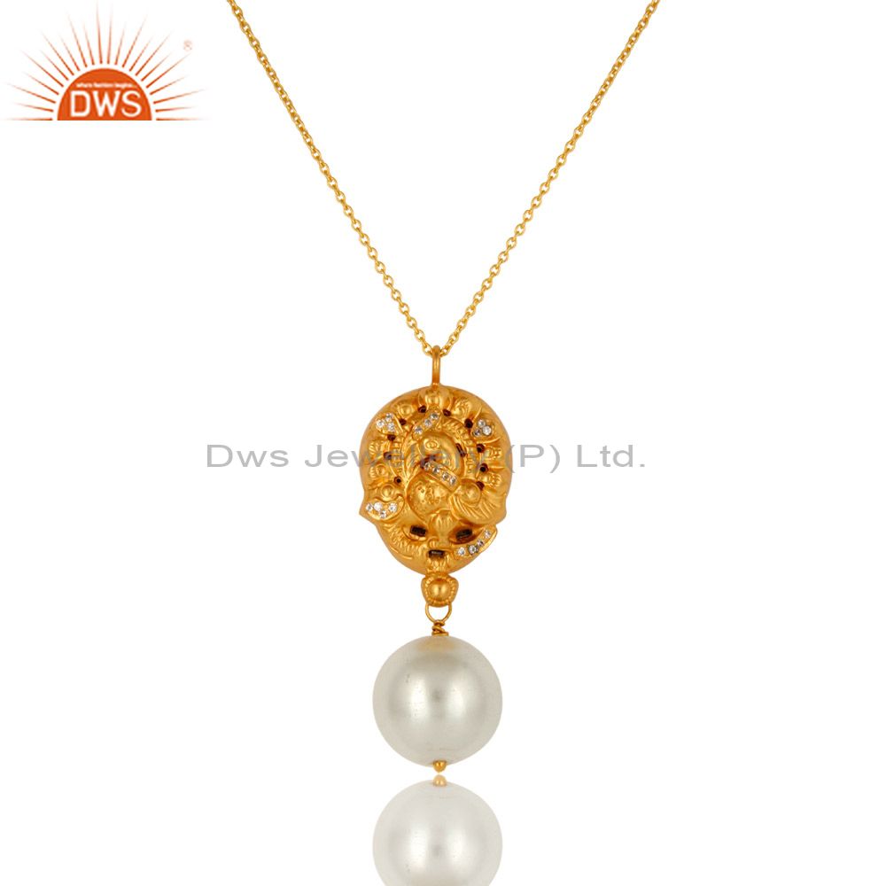 18k yellow gold plated sterling silver pearl and cz peacock pendant with chain
