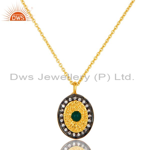 14k yellow gold plated sterling silver green onyx & cz halo pendant with chain