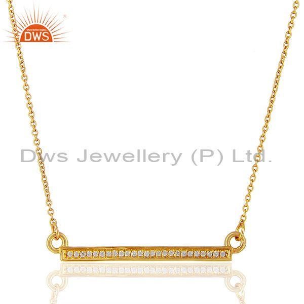 White cz studded long bar necklace gold plated 92.5 sterling silver necklace