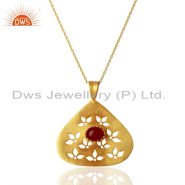 Designer gold plated silver red aventurine gemstone pendant necklace