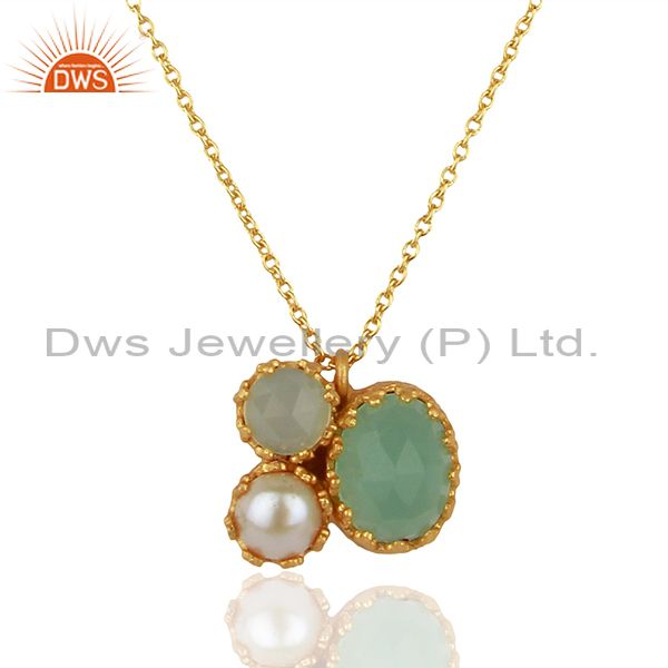 Pearl and aqua chalcedony gemstone gold plated silver pendant jewelry