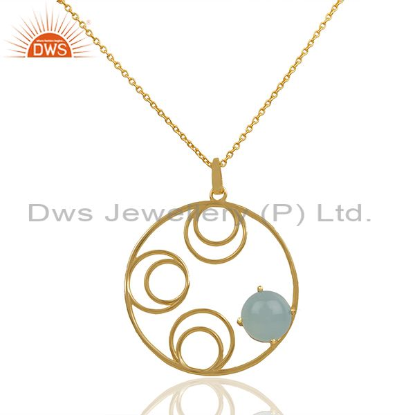 Round Design Gold Plated 925 Silver Chalcedony Gemstone Pendant