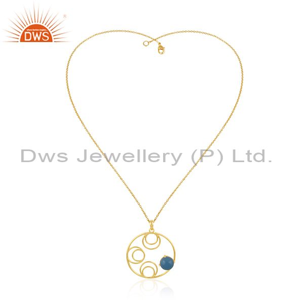 New Designer 925 Silver Gold Plated Blue Chalcedony Gemstone Chain Pendant