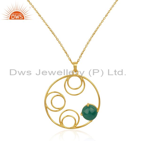 Sterling Silver 14k Gold Plated Green Onyx Gemstone Designer Chain Pendant