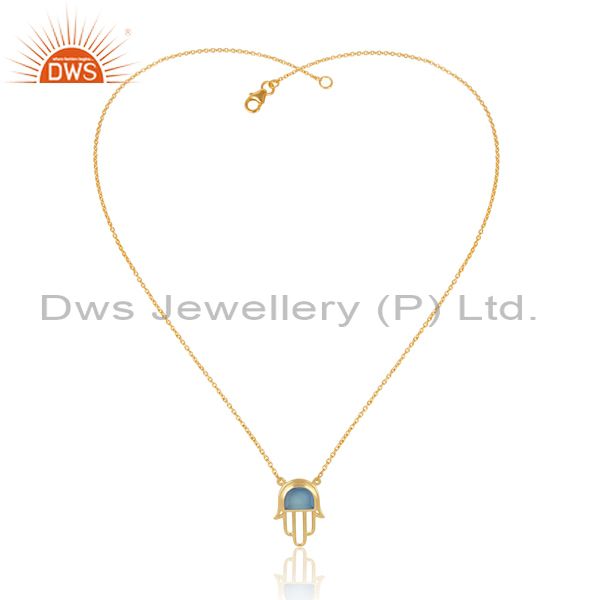 Gold on silver blue chalcedony set hamsa pendant and chain
