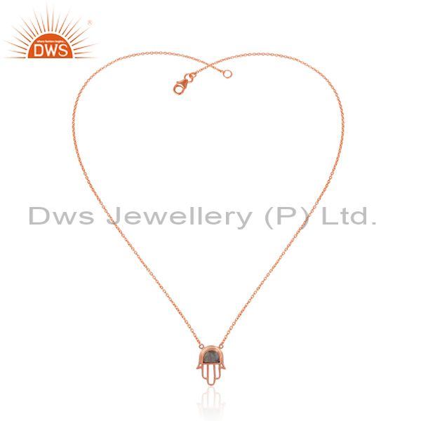 Designer hamsa hand labradorite necklace in rose gold over silver