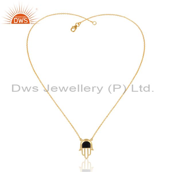 Gold on 925 silver black onyx set hamsa pendant and chain