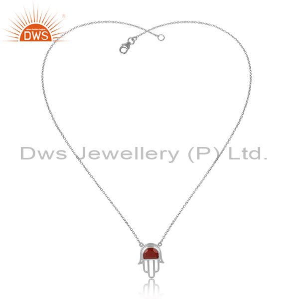 Fine sterling silver red onyx set hamsa pendant and chain