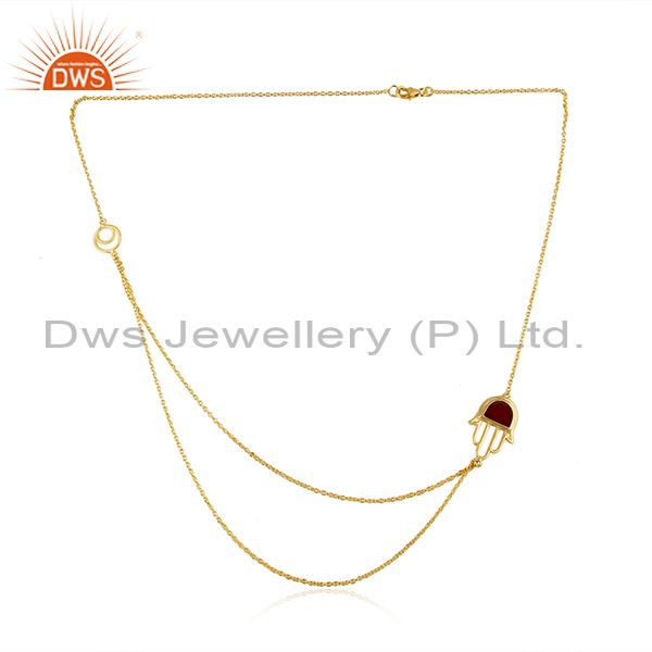 Red onyx hamsa pendant gold on silver double chain necklace
