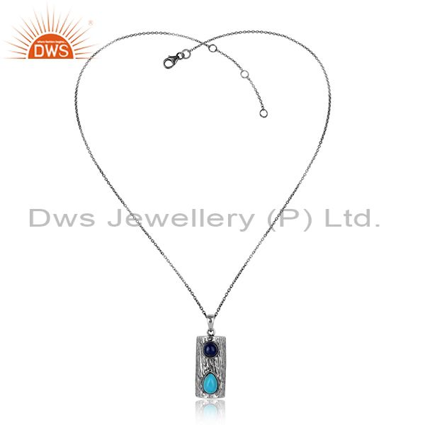 Turquoise lapis gemstone vintage design oxidized silver chain pendant
