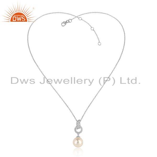 Zircon pearl gemstone white rhodium plated silver chain pendant