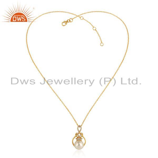 Designer gold plated 925 silver natural pearl cz chain pendant