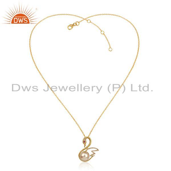 Swan design gold plated silver cz pearl gemstone chain pendant