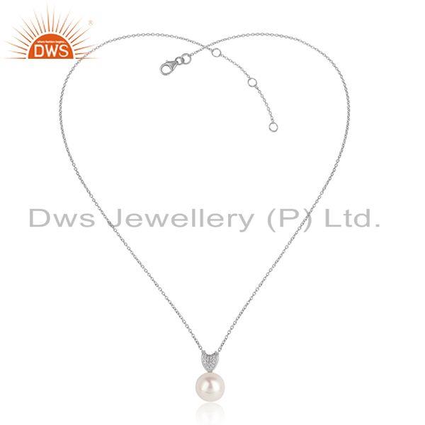 Cz pearl gemstone white rhodium plated silver chain pendants