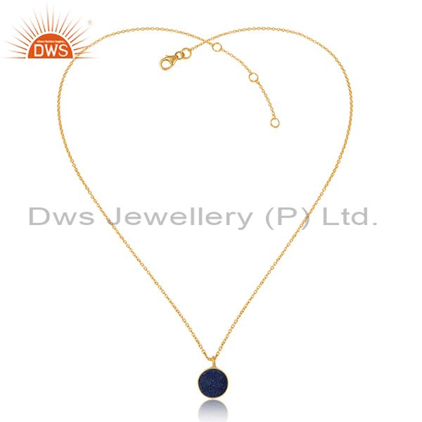 Elegant blue druzy pendant necklace in yellow gold over silver 925
