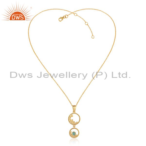 Handmade double dangle aqua chalcedony necklace in gold over silver