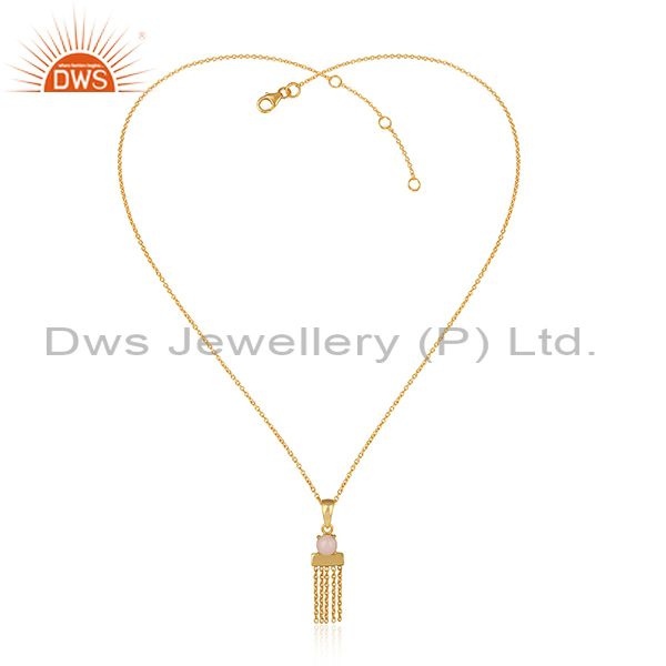 Designer Yellow Gold on Silver Bar Chain Necklce with Pink Opal