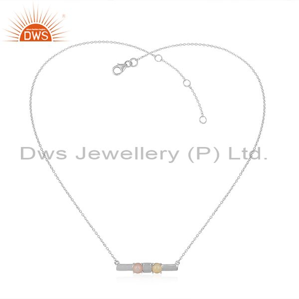 Dainty Sterling Silver Bar Necklace with Pink and Ethiopian Opal