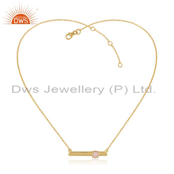Handmade Dainty 18K Gold on Silver Bar Necklace with Pink Opal
