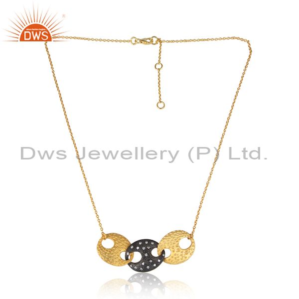 Hammered Cz Round Pendant And Gold On Silver Chain Necklace