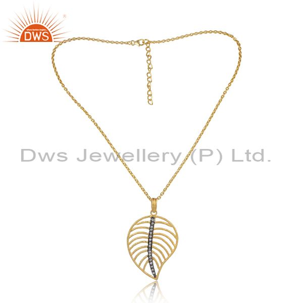 Leaf Shaped Cz Pendant And Gold On Silver Statement Necklace
