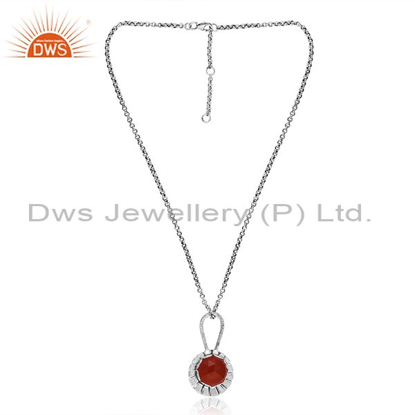 Silver Chain And Pendant With Checker Onyx Red Round Stone