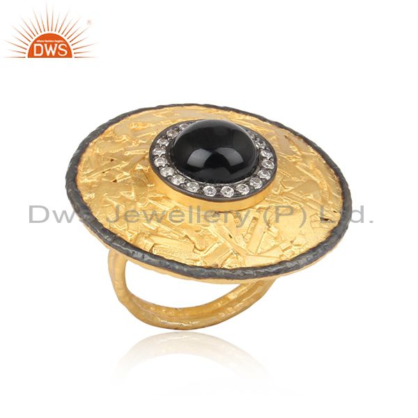 Cz And Black Onyx Gold And Black On 925 Silver Hammered Ring
