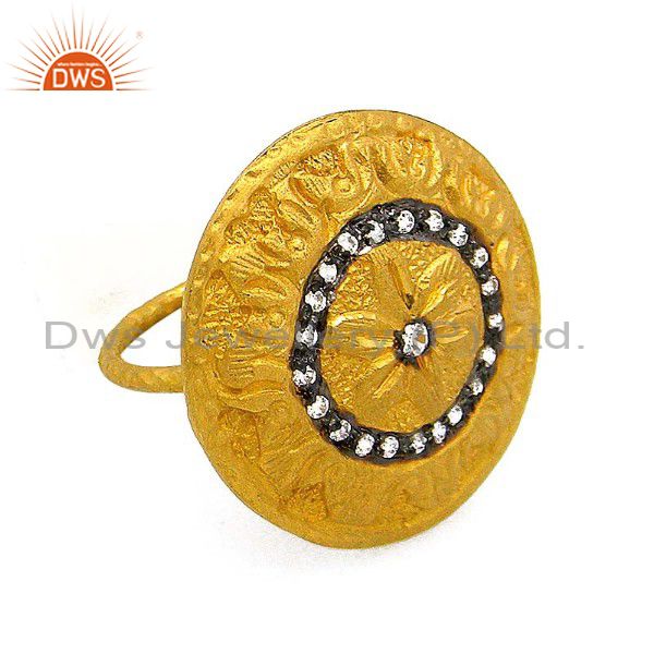 18K Yellow Gold Plated Brass Cubic Zirconia Hammered Cocktail Fashion Ring
