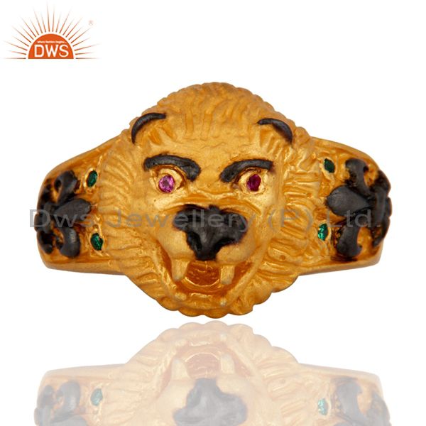 Genuine Cubic Zirconia Sterling Silver Gold Plated Lion Head Mens Ring Jewelry