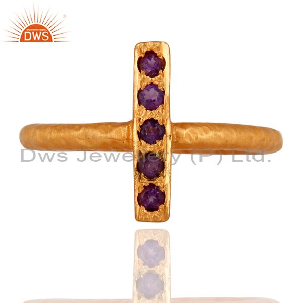 18K Yellow Gold Plated Sterling Silver Amethyst Gemstone Hammered Stack Ring