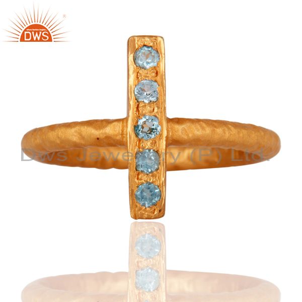 18K Gold Plated Sterling Silver Blue Topaz Designer Hammered Band Ring