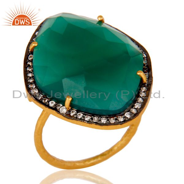 Natural Faceted Green Onyx Gemstone & CZ Sterling Silver Ring With Gold Plated