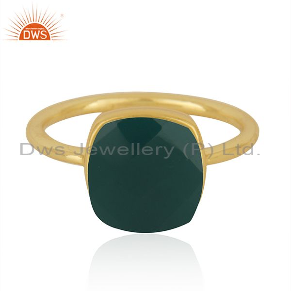 Gold Plated Sterling Silver Faceted Green Onyx Gemstone Bezel Set Handmade Ring