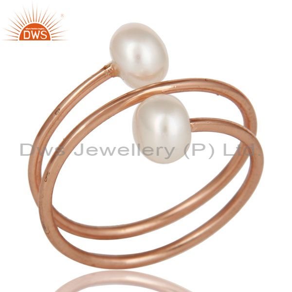 18K Rose Gold Plated Sterling Silver Pearl Wire Wrapped Adjustable Ring