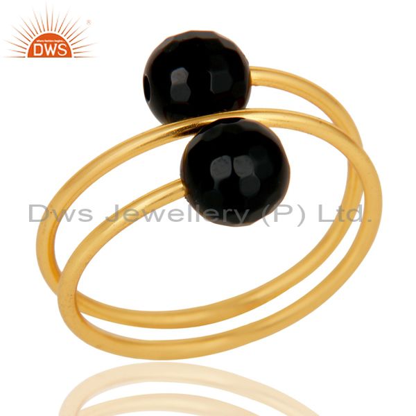 14K Yellow Gold Plated Sterling Silver Natural Black Onyx Wire Adjustable Ring