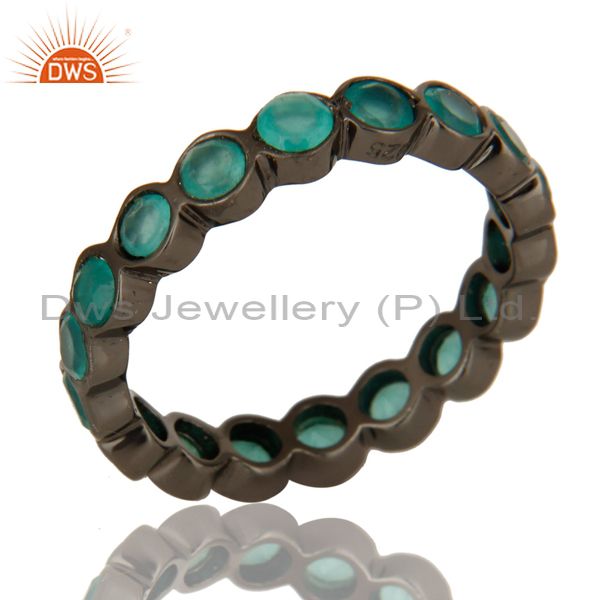 Black Rhodium Plated Sterling Silver Dyed Aqua Chalcedony Round Eternity Ring